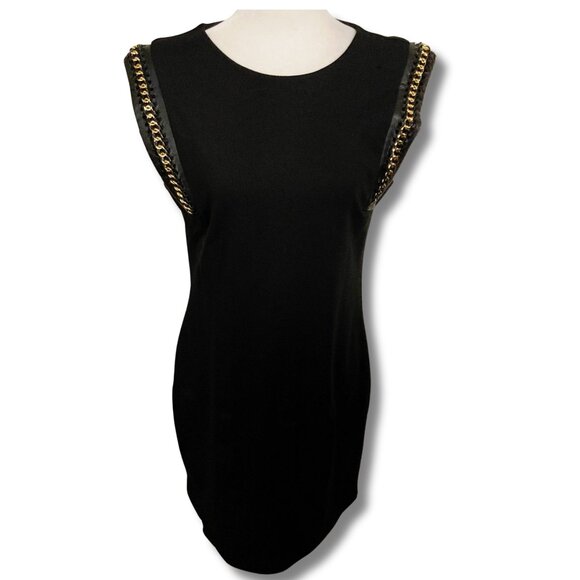 DEX Black pencil dress w/ pleather and gold tone chain detailing ~ MEDIUM LARGE - Picture 3 of 15